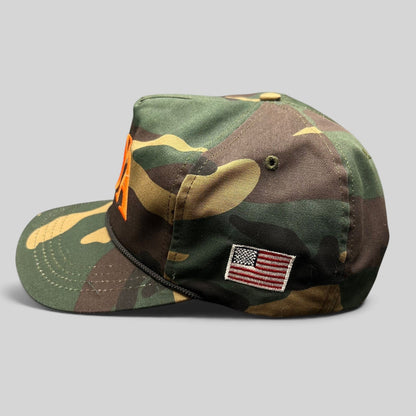 Raree Finds woodland camo snapback hat with orange USA embroidery, black rope detail, and side American flag patch.