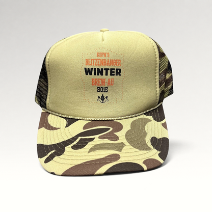 Raree Finds 2015 KSPN Blitzenbanger trucker hat with tan foam front, duck camo brim, and mesh back snapback closure.
