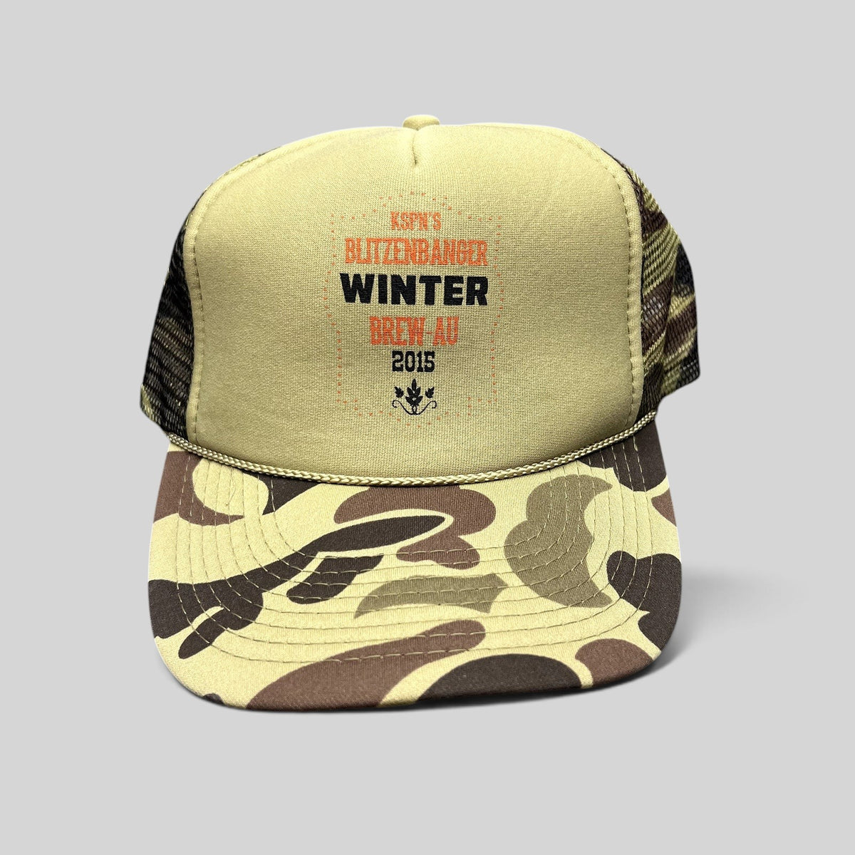 Raree Finds 2015 KSPN Blitzenbanger trucker hat with tan foam front, duck camo brim, and mesh back