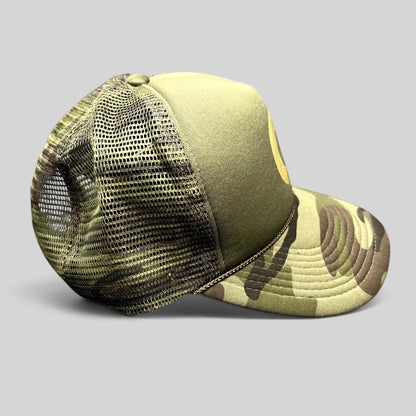 Raree Finds vintage Cloud 9 Aspen trucker hat with olive foam front, camo brim, rope detail, and mesh back.