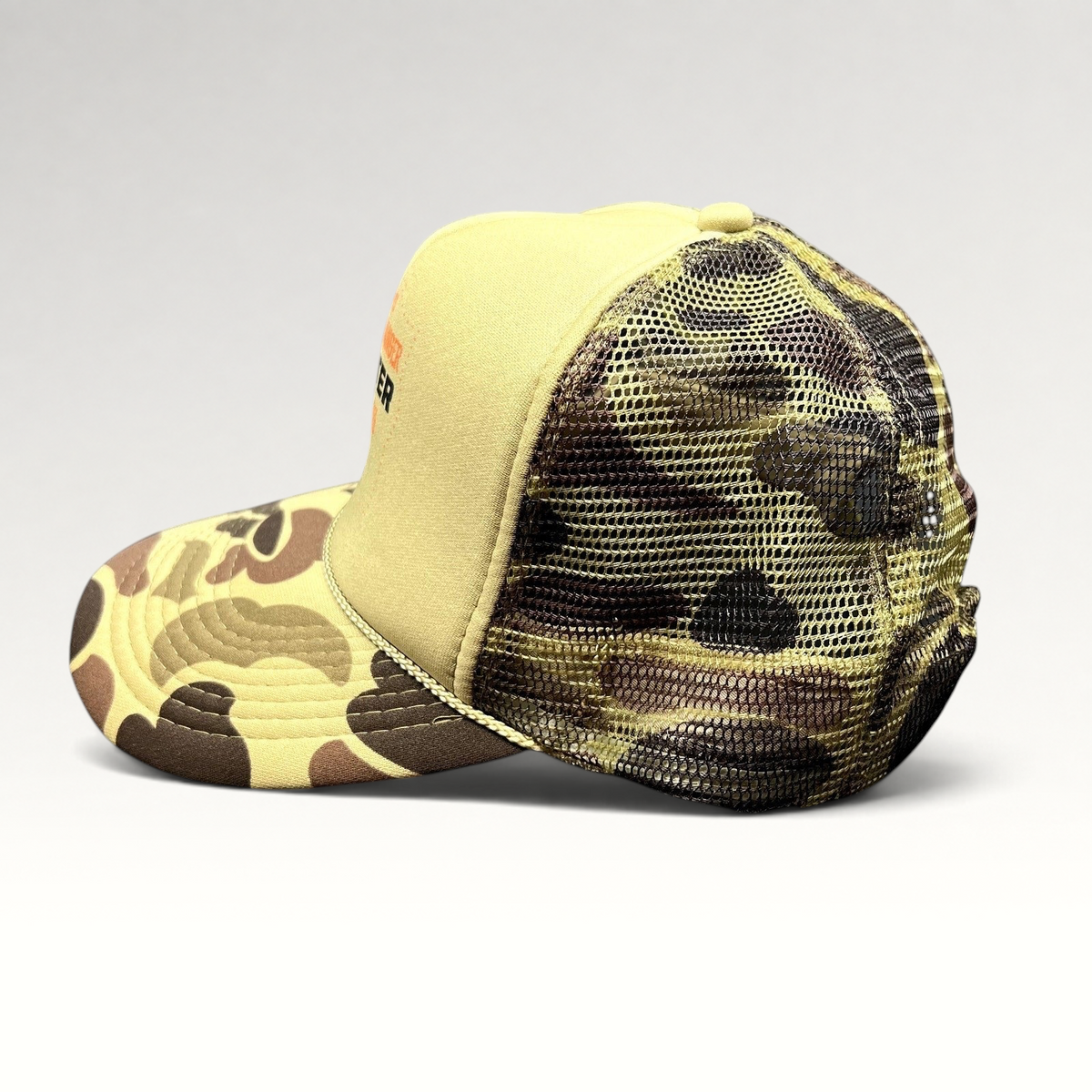 Raree Finds 2015 KSPN Blitzenbanger trucker hat with tan foam front, duck camo brim, and mesh back