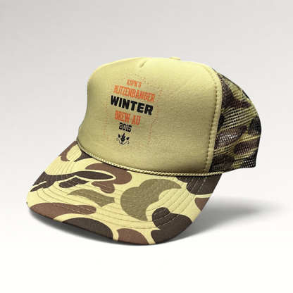Raree Finds 2015 KSPN Blitzenbanger trucker hat with tan foam front, duck camo brim, and mesh back snapback closure.