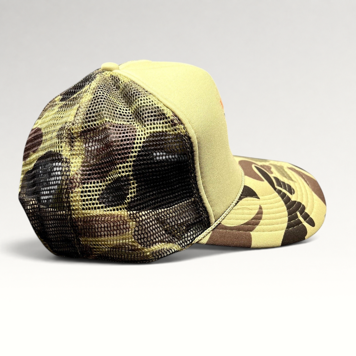 Raree Finds 2015 KSPN Blitzenbanger trucker hat with tan foam front and vintage duck camo mesh back and brim