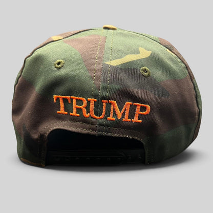 Raree Finds woodland camo snapback hat with orange TRUMP embroidery on the back and a black plastic snap closure.