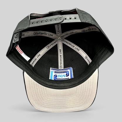 Raree Finds Cap America Premium Line black snapback hat interior showing branded taping and gray undervisor