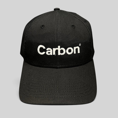Raree Finds black New Era 9FORTY strapback hat with white Carbon 3D printing logo embroidery and curved brim