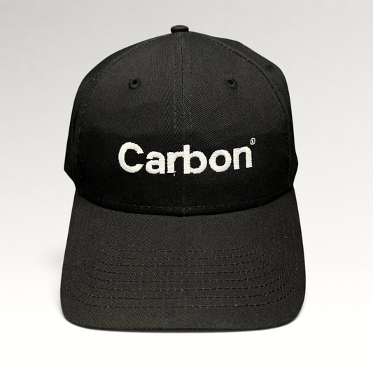 Raree Finds black New Era 9FORTY strapback hat with white Carbon 3D printing logo embroidery and curved brim