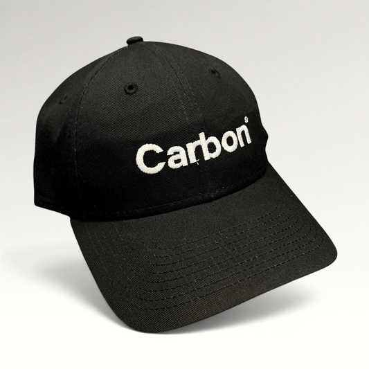 Raree Finds black New Era 9FORTY strapback hat with white embroidered Carbon 3D printing logo and curved brim