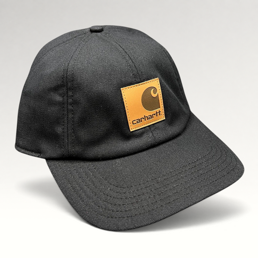 Raree Finds Carhartt black duck canvas workwear cap with a square logo patch on the front crown