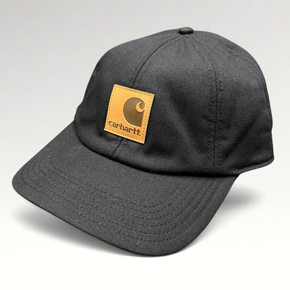 Raree Finds Carhartt black duck canvas workwear cap with a tan square logo patch on the front crown