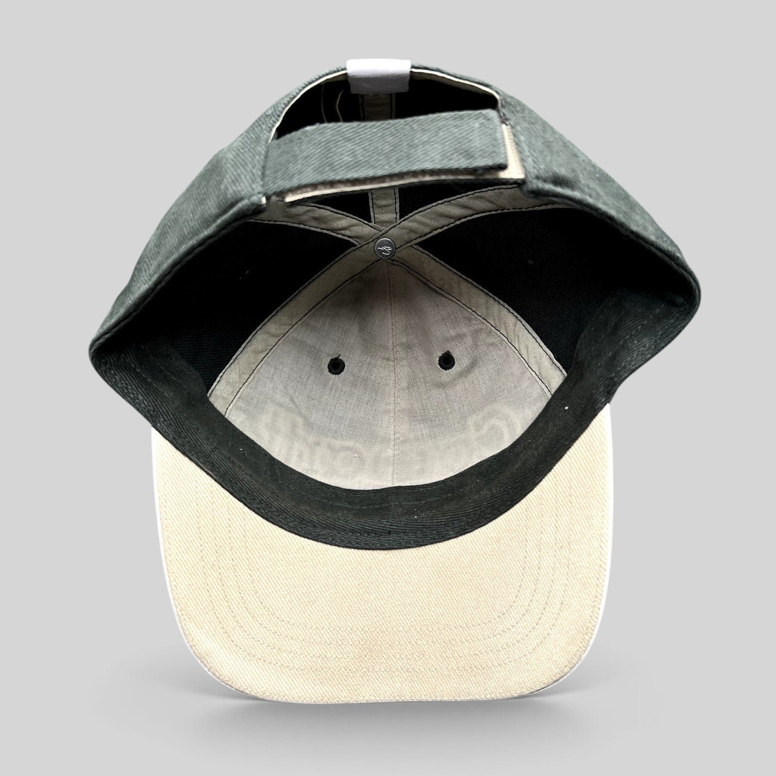 Raree Finds Carhartt two-tone black and khaki cotton strapback hat, interior view showing adjustable hook-and-loop strap