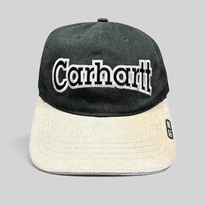 Raree Finds Carhartt two-tone black and khaki cotton strapback hat with white embroidered logo on the front