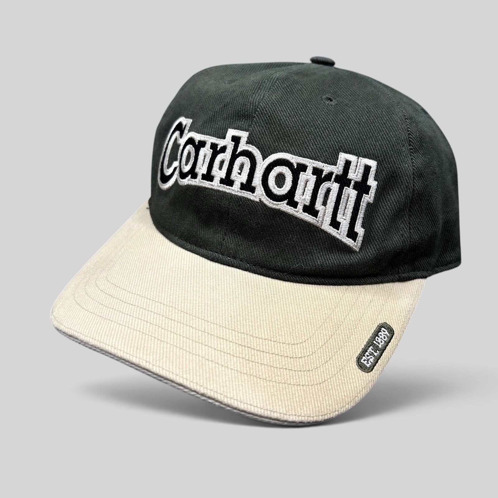 Raree Finds Carhartt two-tone black and khaki cotton strapback cap with white embroidered logo on front