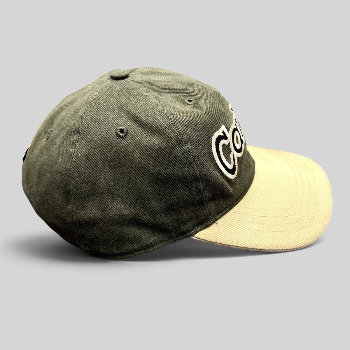 Raree Finds Carhartt two-tone black and khaki cotton twill strapback hat with white embroidered logo
