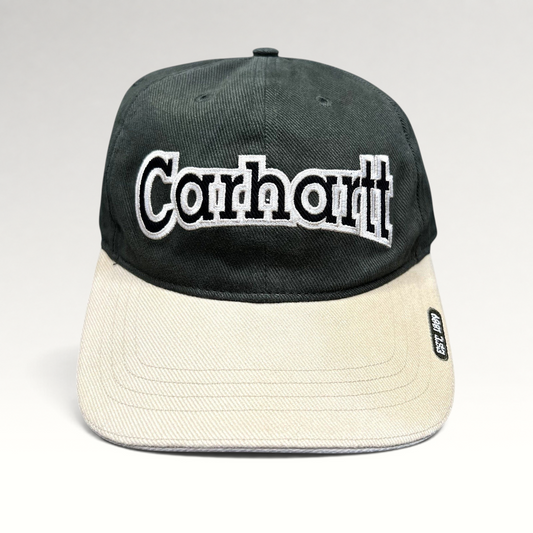 Raree Finds Carhartt two-tone black and khaki cotton strapback cap with white embroidered logo on the front
