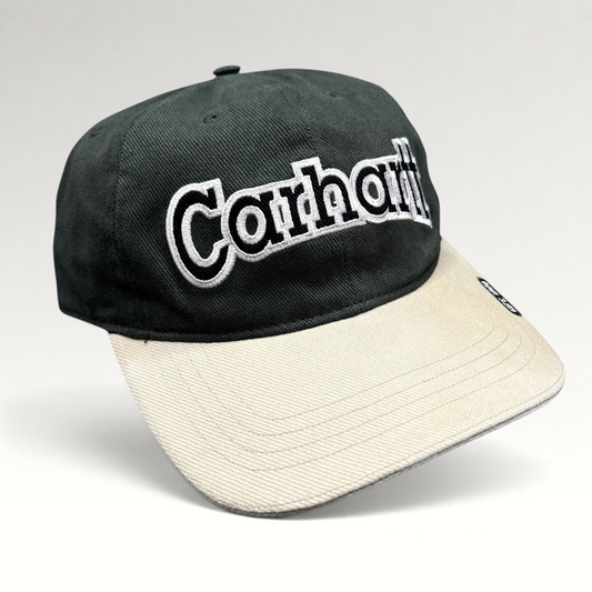 Raree Finds Carhartt two-tone black and khaki cotton strapback hat with white embroidered logo on the front