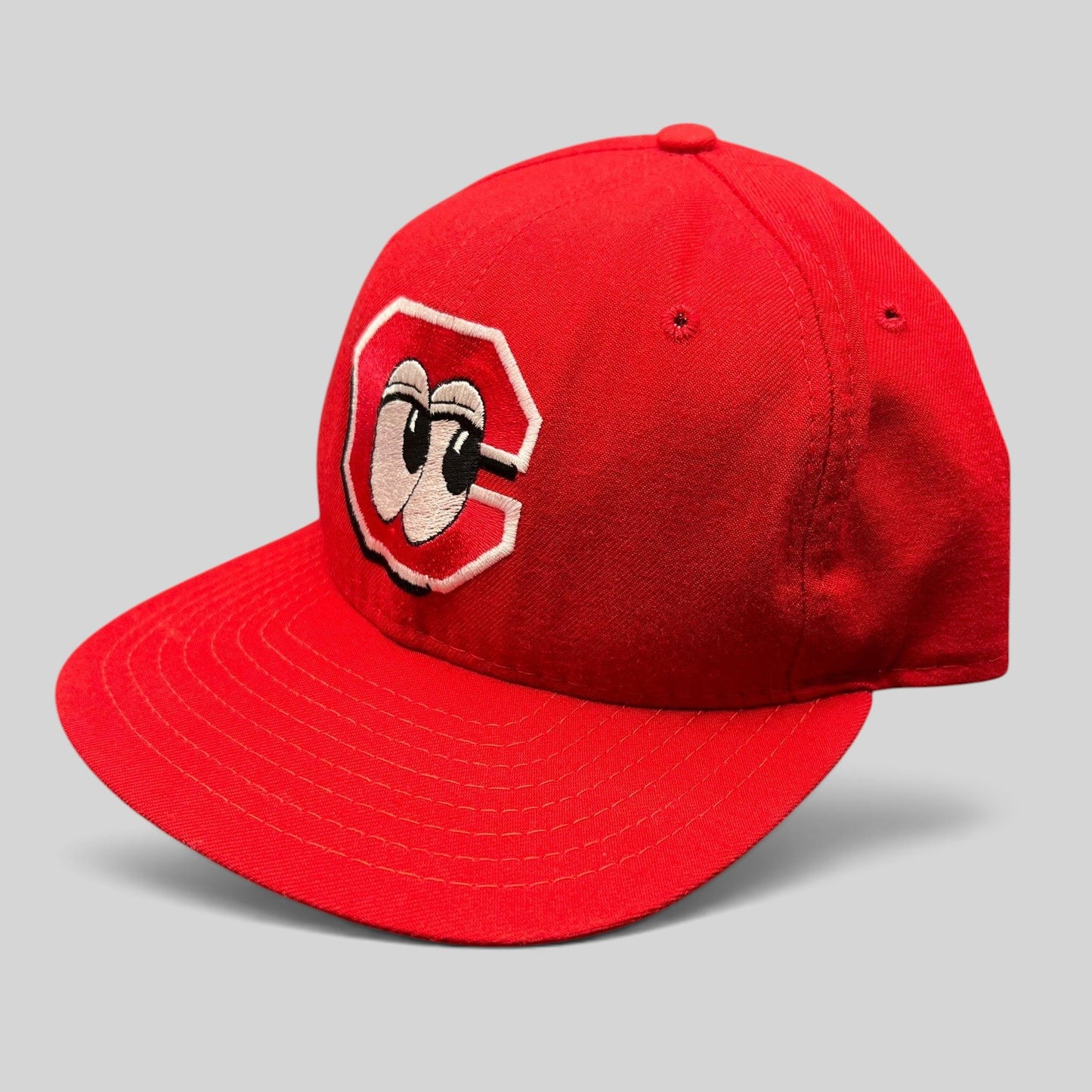 Raree Finds vintage New Era Chattanooga Lookouts red snapback hat with embroidered eyes in the C logo