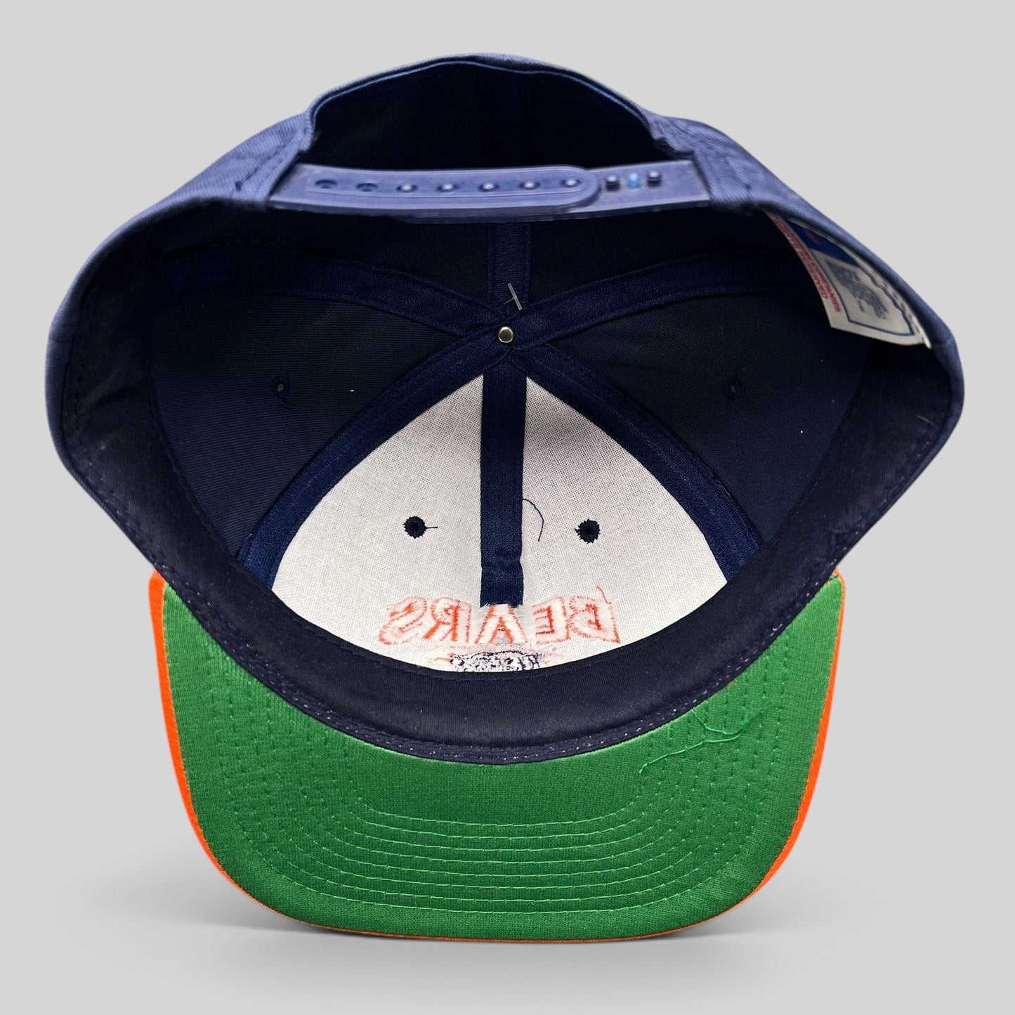 Raree Finds vintage Chicago Bears snapback hat interior view showing green undervisor and navy crown construction