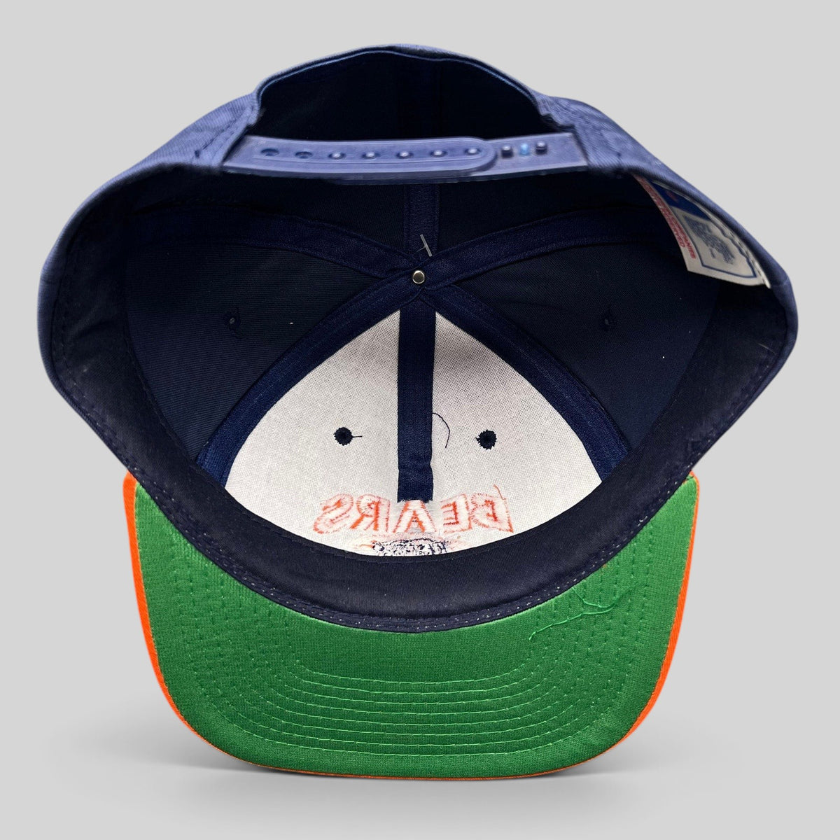 Raree Finds vintage Chicago Bears snapback hat interior view showing green undervisor and navy crown construction