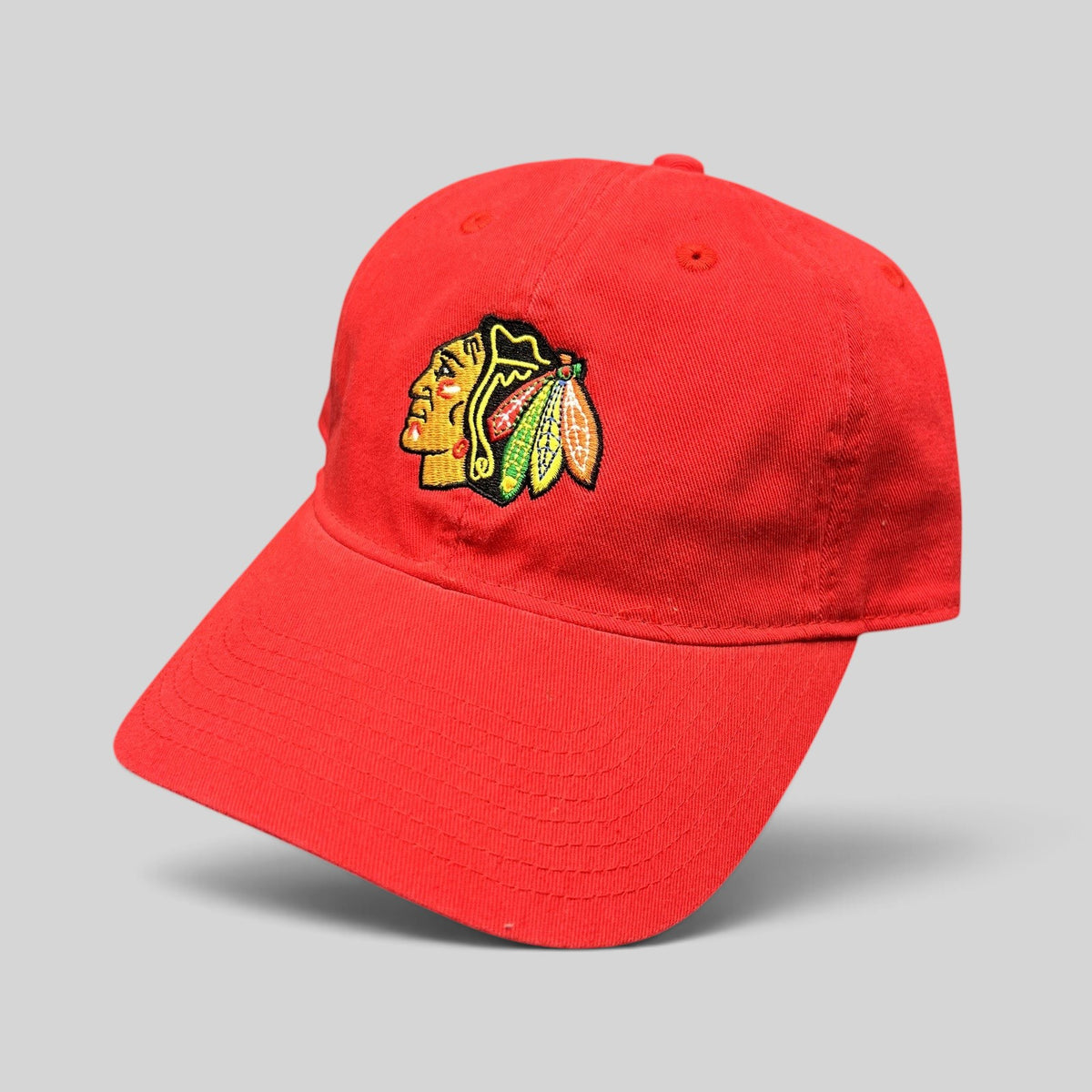 Raree Finds Chicago Blackhawks red cotton strapback hat with embroidered team logo and adjustable metal slider buckle