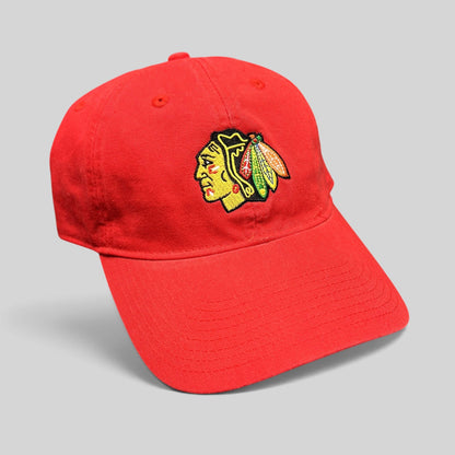 Raree Finds Chicago Blackhawks red cotton strapback hat with embroidered team logo by Reebok Face Off Headwear