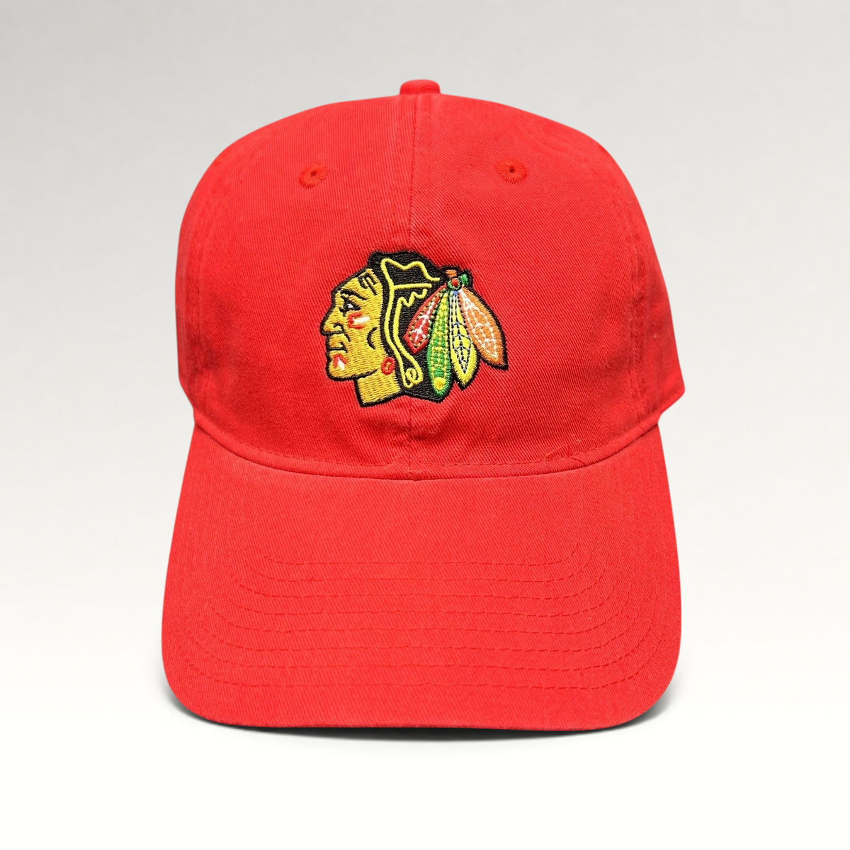 Raree Finds Chicago Blackhawks red cotton strapback hat with embroidered team logo by Reebok Face Off Headwear