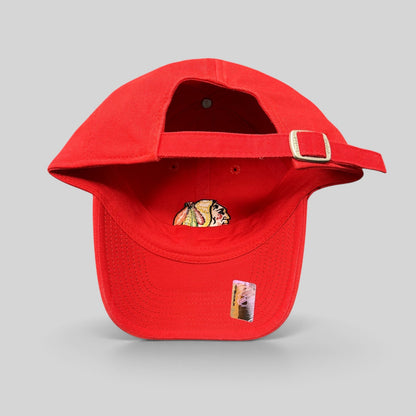 Raree Finds Chicago Blackhawks red cotton strapback hat by Reebok with embroidered team logo and metal slider buckle