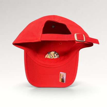 Raree Finds Chicago Blackhawks red cotton strapback hat by Reebok with embroidered team logo and metal slider buckle