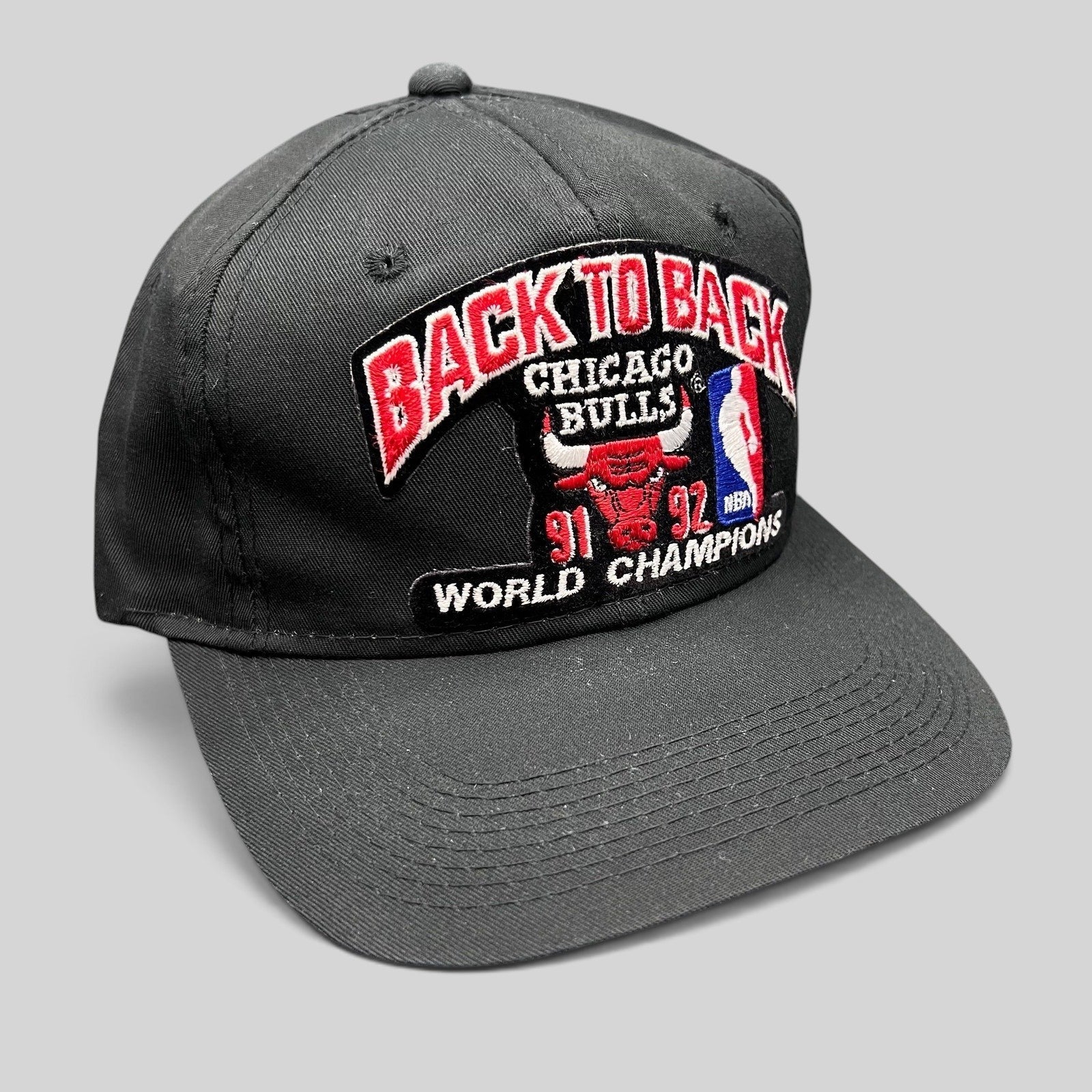 Raree Finds vintage Chicago Bulls 1992 Back-to-Back Champions snapback hat with red and white embroidery