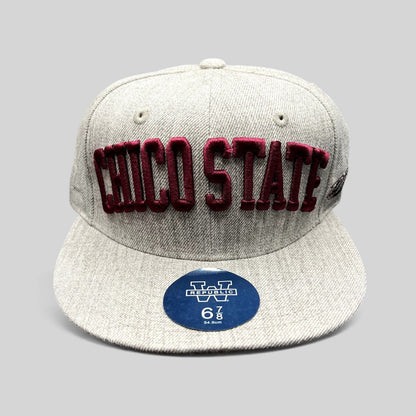 Raree Finds Chico State Wildcats heather gray fitted hat with raised maroon embroidery and flat brim