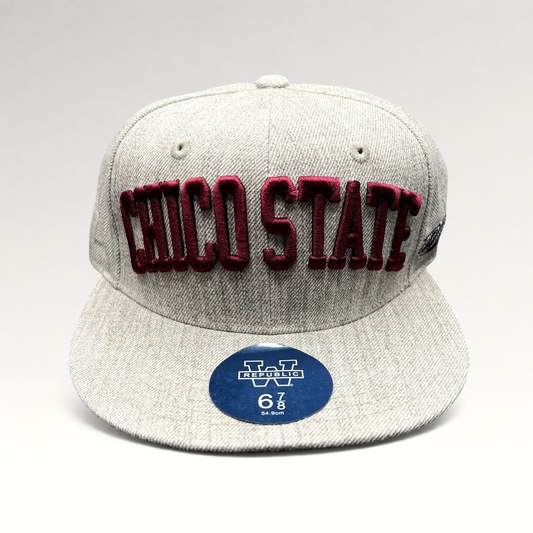 Raree Finds Chico State Wildcats heather gray fitted hat with raised maroon embroidery and flat brim