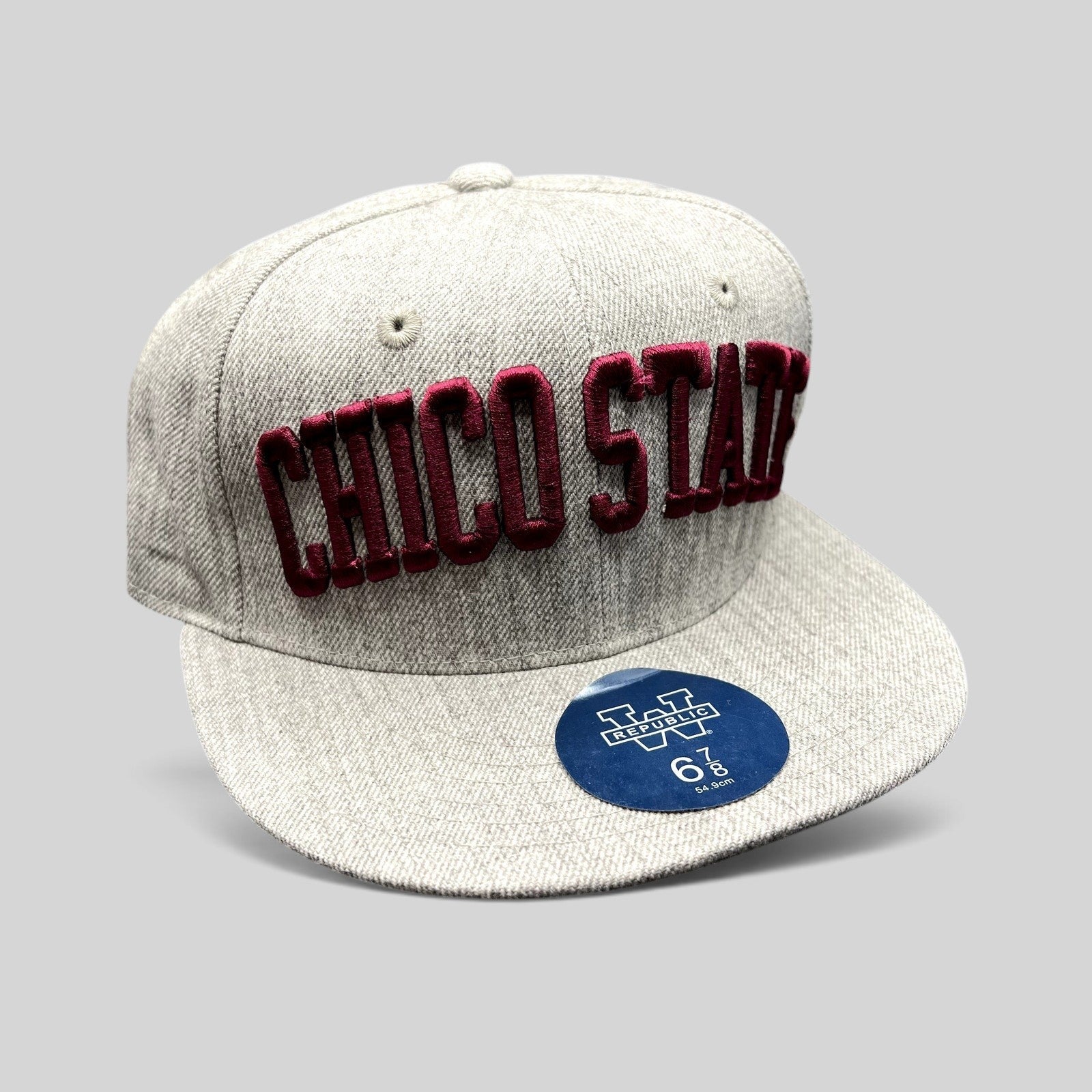 Raree Finds Chico State fitted hat in heather gray with raised maroon embroidery and flat brim