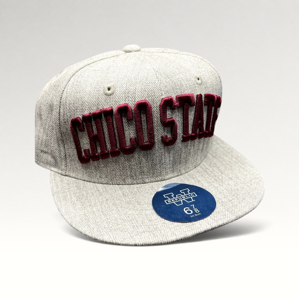 Raree Finds Chico State fitted hat in heather gray with raised maroon embroidery and flat brim