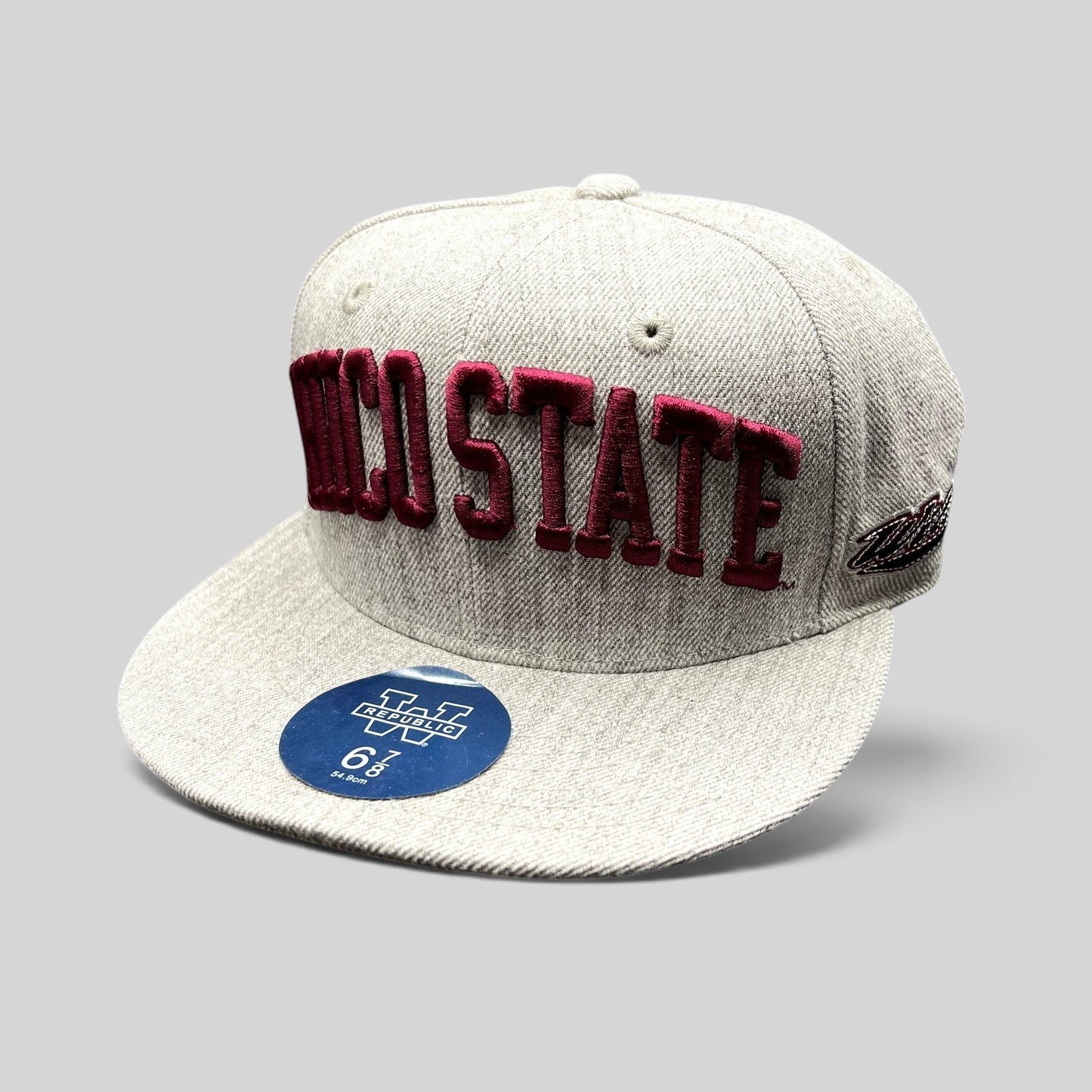 Raree Finds Chico State Wildcats heather gray fitted hat with raised maroon embroidery and flat brim