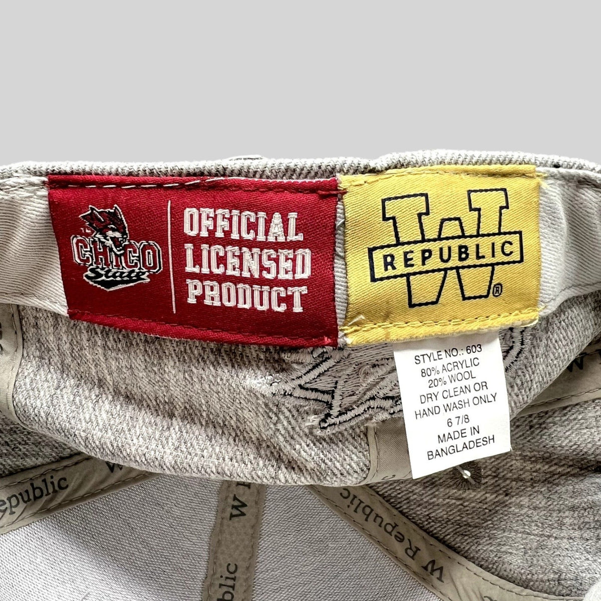 Raree Finds W Republic Chico State fitted hat interior labels showing official licensing and material details