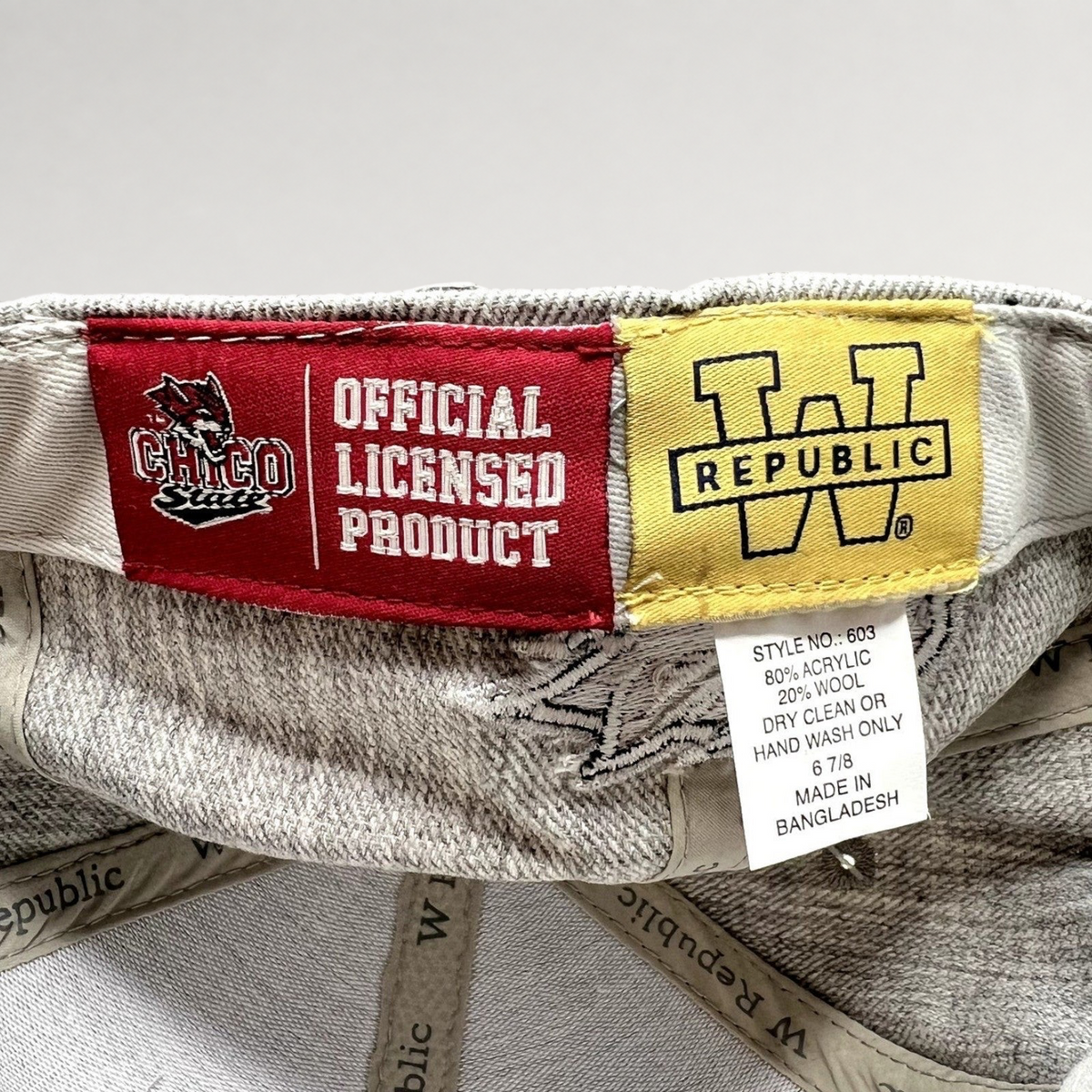 Raree Finds W Republic Chico State fitted hat interior labels showing official licensing and material details