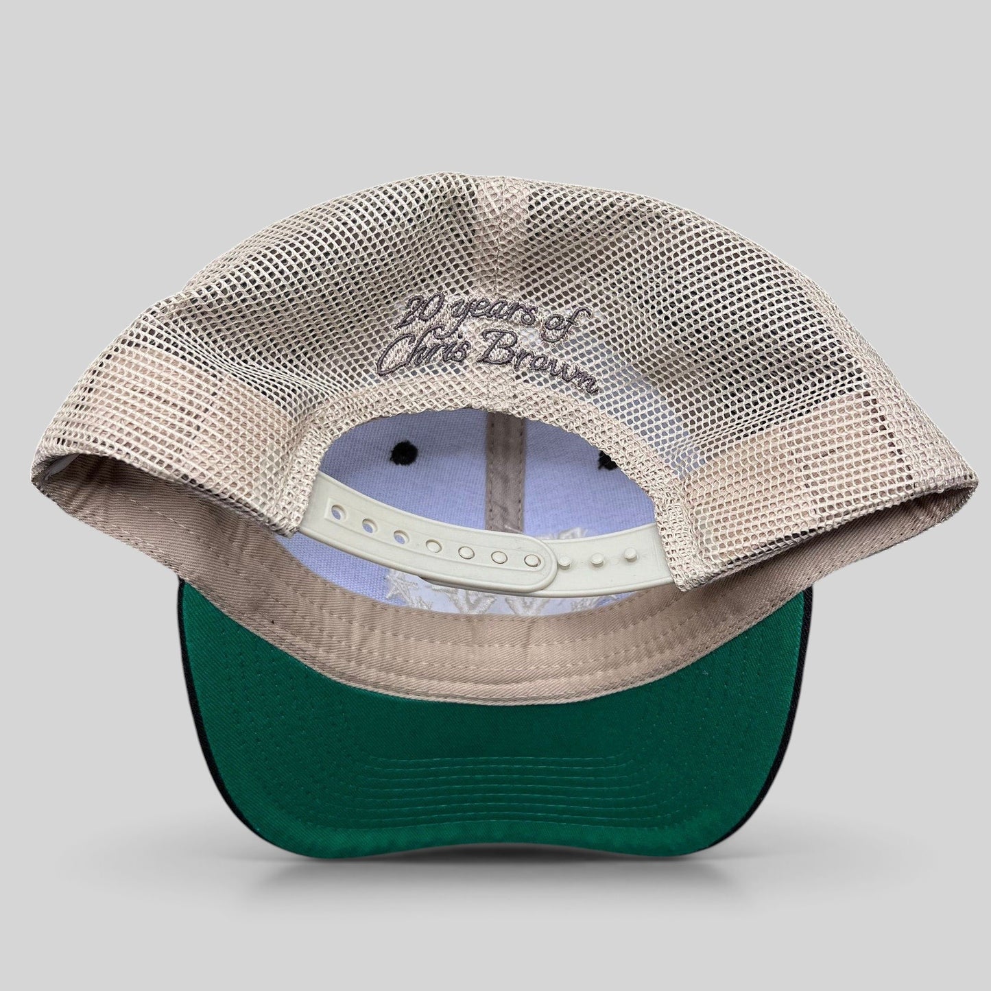 Raree Finds Chris Brown Breezy Bowl XX trucker hat with tan mesh back, snapback closure, and green underbill.