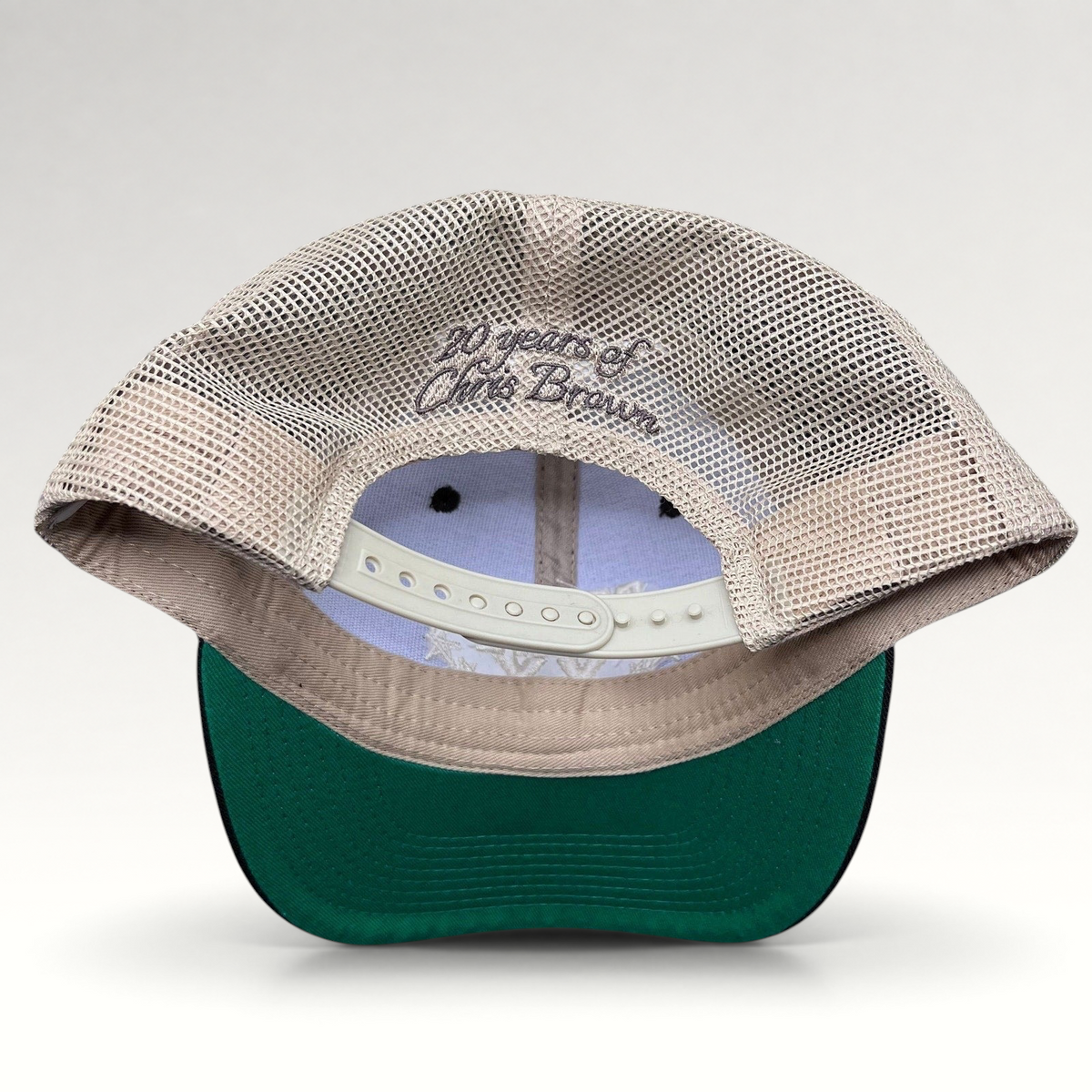 Raree Finds Chris Brown Breezy Bowl XX trucker hat with tan mesh back, snapback closure, and green underbill.