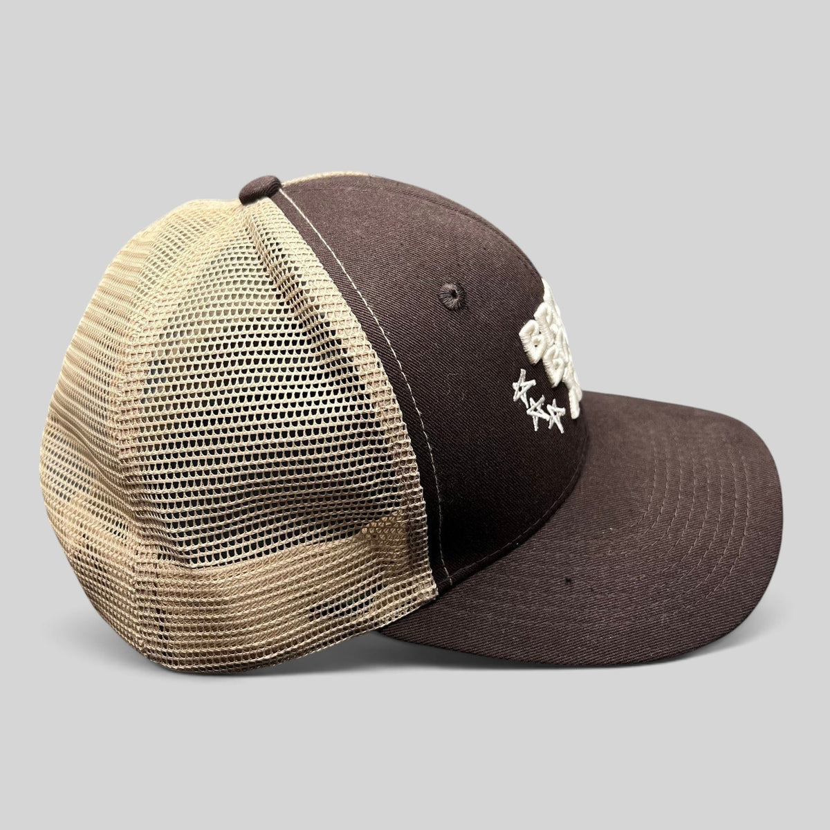 Raree Finds brown and tan Breezy Bowl XX Chris Brown tour trucker hat with mesh back and embroidered front logo