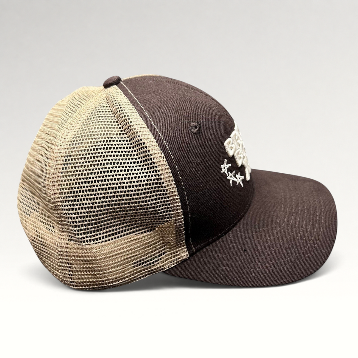 Raree Finds brown and tan Breezy Bowl XX Chris Brown tour trucker hat with mesh back and embroidered front logo