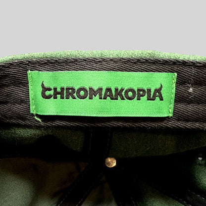 Raree Finds Chromakopia strapback hat interior showing a green woven brand label with black text on wool-style fabric.