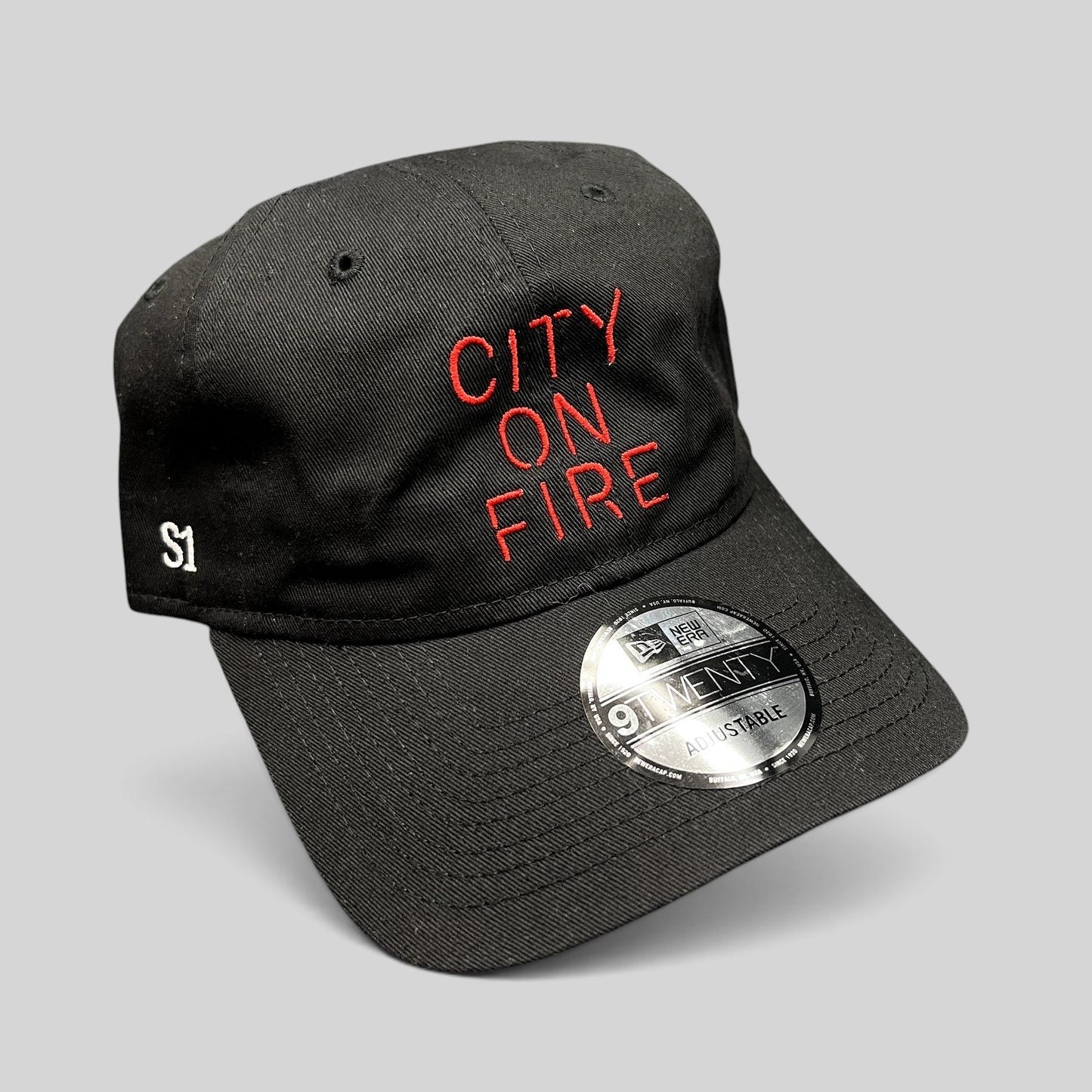 Raree Finds black New Era 9TWENTY City On Fire season 1 crew hat with red embroidered text and side S1 detail
