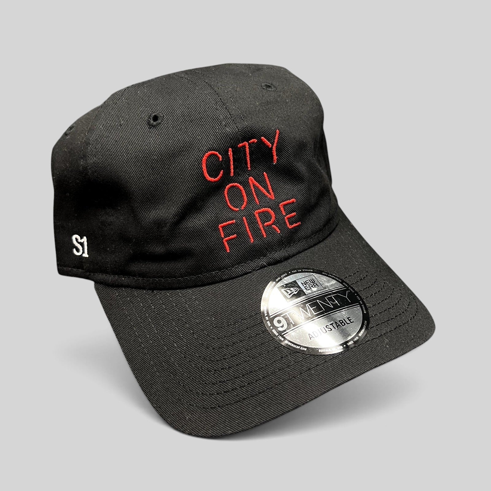 Raree Finds black New Era 9TWENTY City On Fire season 1 crew hat with red embroidered text and side S1 detail