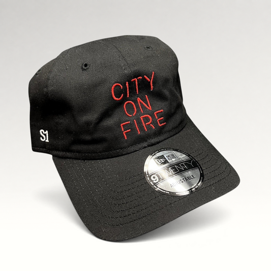 Raree Finds black New Era 9TWENTY City On Fire season 1 crew hat with red embroidered text and side S1 detail