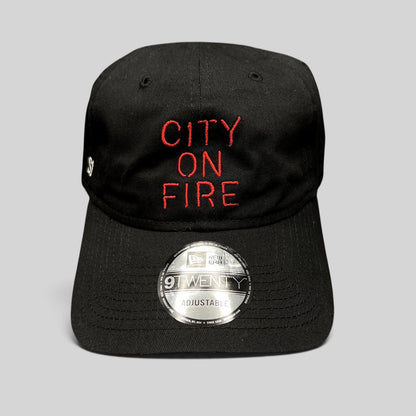 Raree Finds black New Era 9TWENTY City On Fire cast and crew hat with red embroidered text and adjustable strapback.