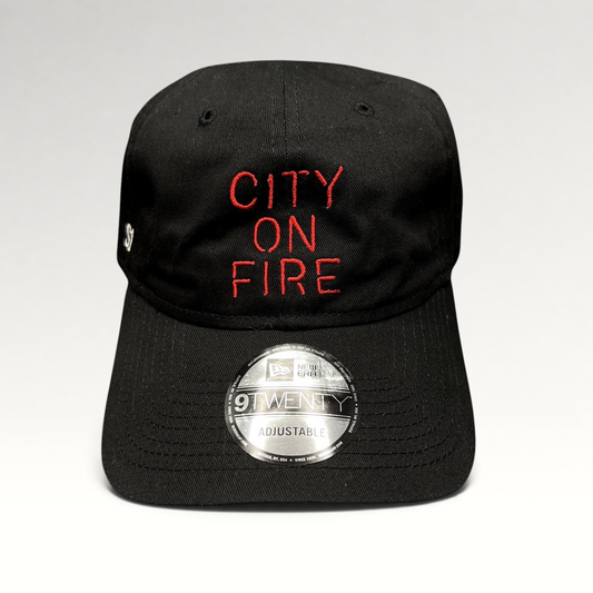 Raree Finds black New Era 9TWENTY City On Fire cast and crew hat with red embroidered text and adjustable strapback.