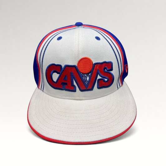 Raree Finds vintage Cleveland Cavaliers New Era 59FIFTY fitted hat with retro Cavs logo in white, blue, and orange.