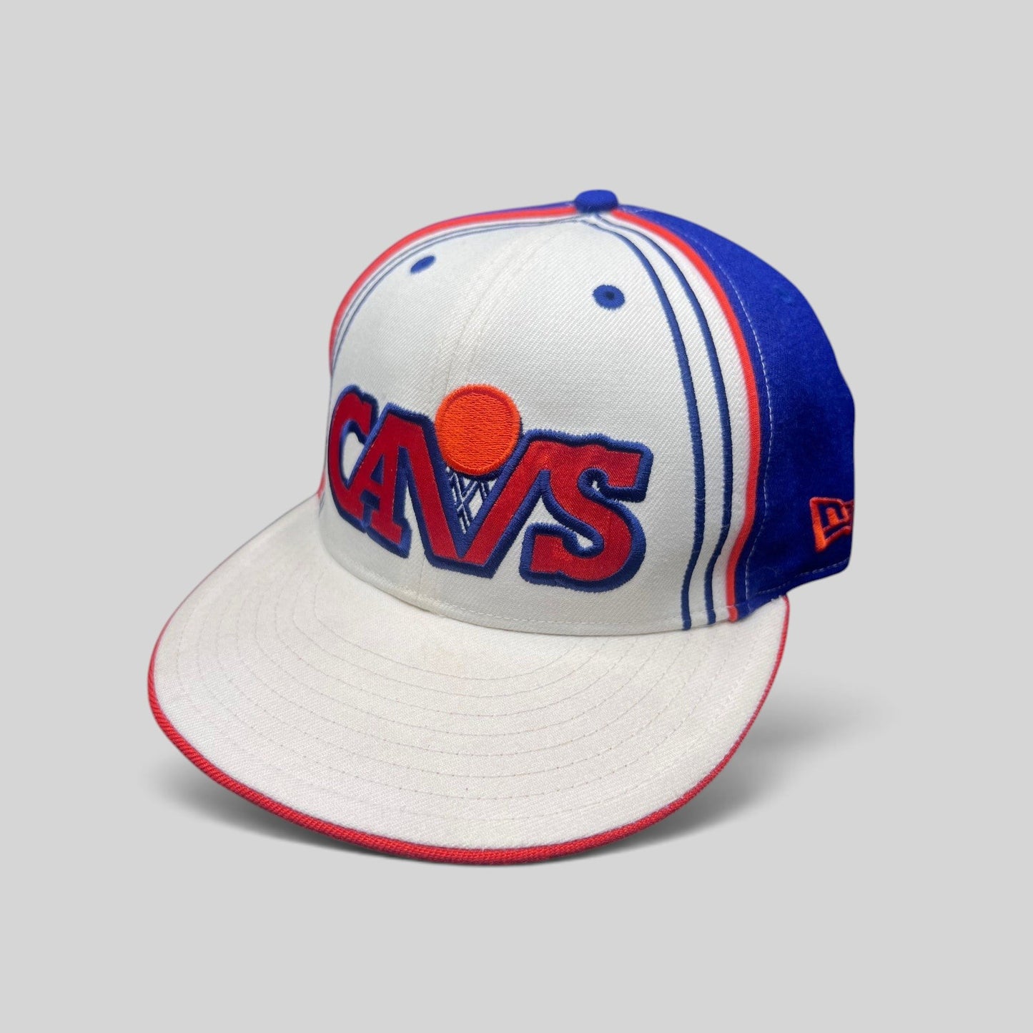 Raree Finds vintage Cleveland Cavaliers New Era 59FIFTY fitted hat with white, royal blue, and orange retro logo