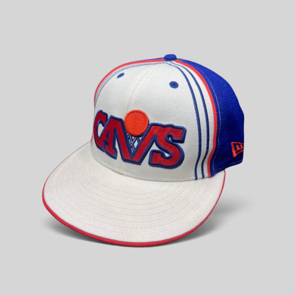 Raree Finds vintage Cleveland Cavaliers New Era 59FIFTY fitted hat with white, royal blue, and orange retro logo