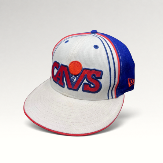 Raree Finds vintage Cleveland Cavaliers New Era 59FIFTY fitted hat with white, royal blue, and orange retro logo